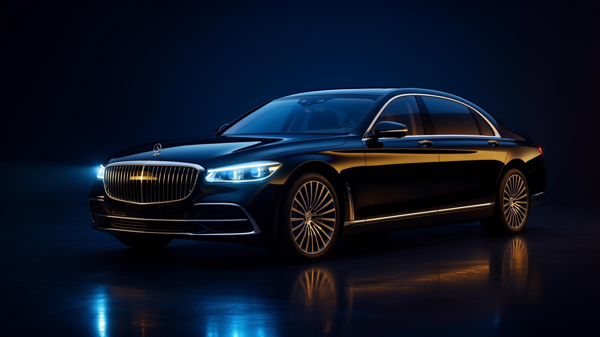 Luxury sedan in dark studio lighting